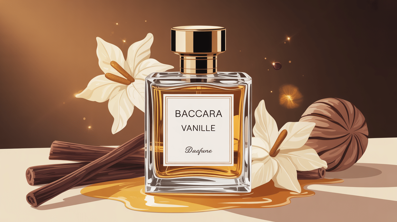 Illustration vectorielle du parfum baccara vanille flacon et vanille