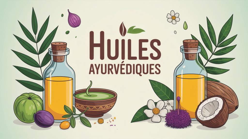 huile ayurvédique avis illustration flacons et plantes indiennes