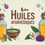 huile ayurvédique avis illustration flacons et plantes indiennes