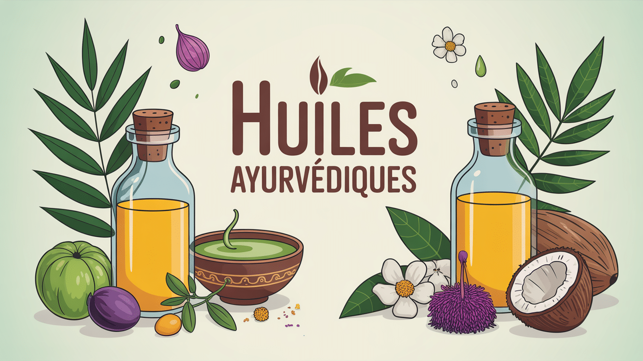 huile ayurvédique avis illustration flacons et plantes indiennes