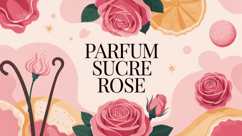 Illustration parfum sucre rose gourmet et rose centrale