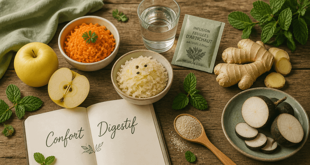 aide pour la digestion vue flat lay aliments naturels