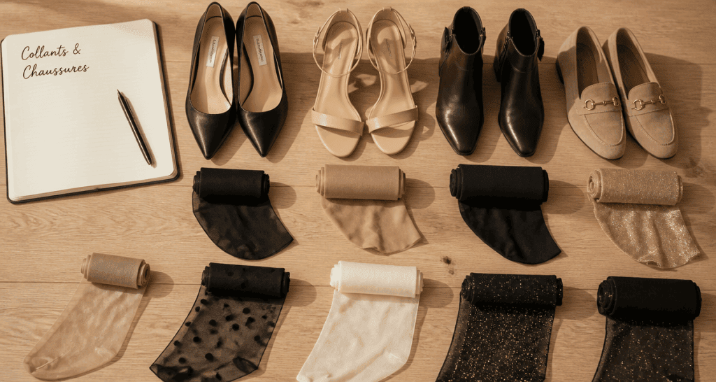 collant chaussure sur table bois clair