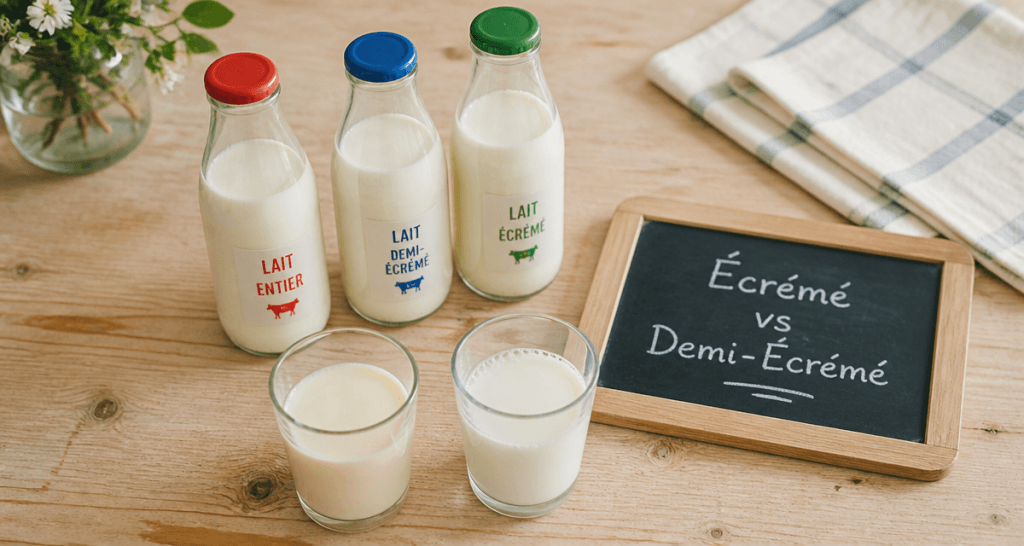 difference lait ecreme et demi ecreme bouteilles et verres
