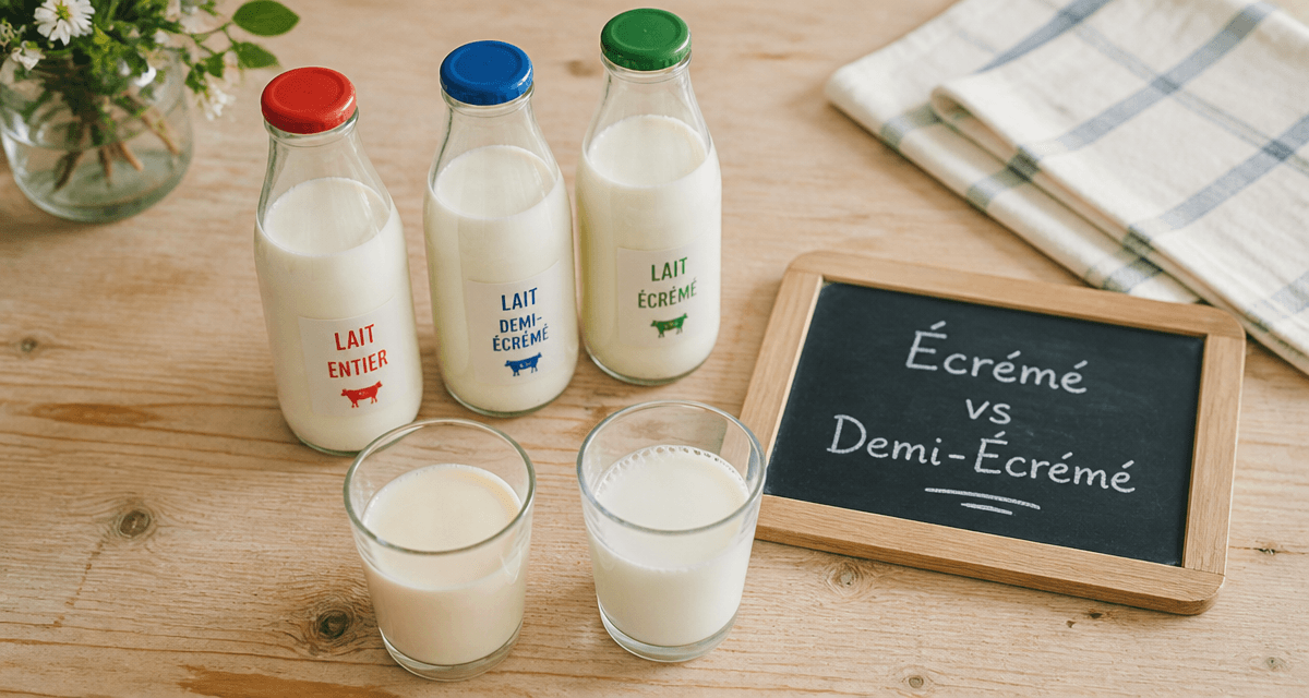 difference lait ecreme et demi ecreme bouteilles et verres