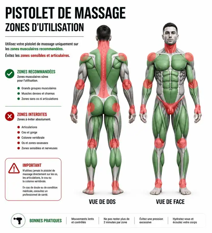 Infographie des zones de sécurité pour l'utilisation d'un pistolet de massage
