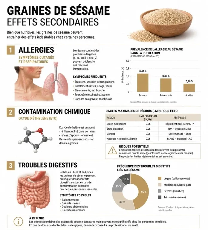Infographie des effets secondaires et risques liés à la consommation de graines de sésame