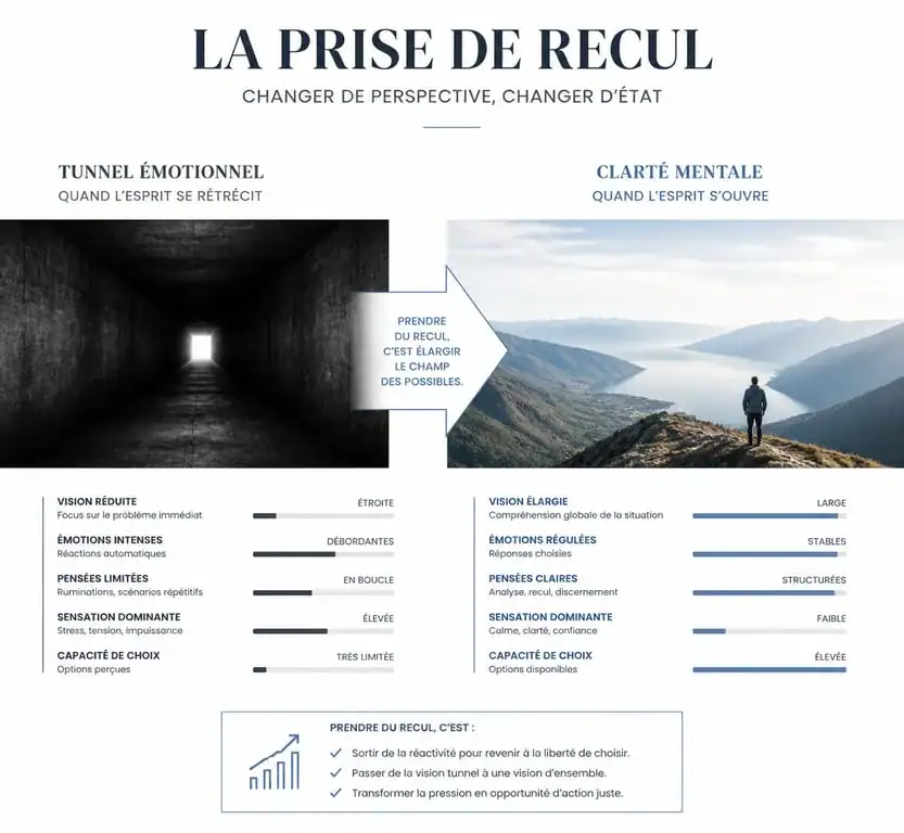 Infographie illustrant la méthode pour prendre du recul et retrouver sa sérénité