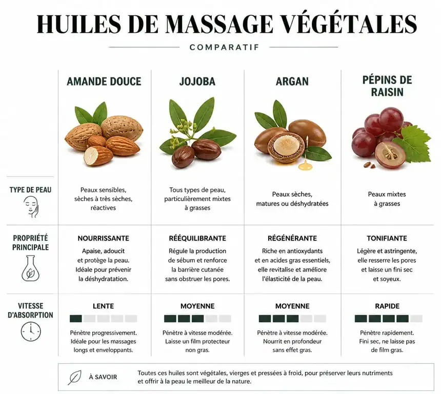 Infographie comparative des meilleures huiles de massage selon le type de peau et les propriétés