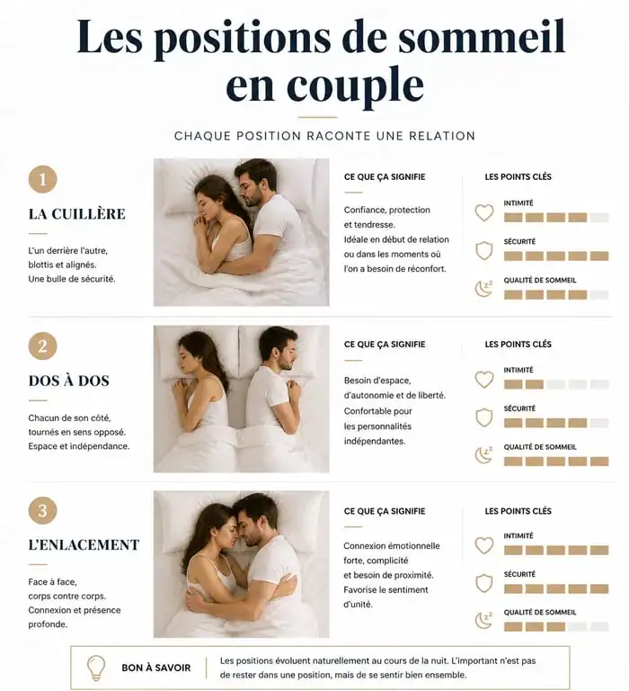 Infographie des positions de sommeil en couple pour mieux dormir et comprendre la dynamique relationnelle