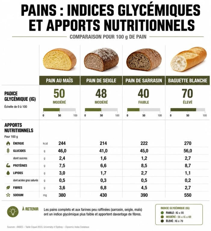 Comparatif nutritionnel et index glycémique du pain au maïs par rapport aux autres pains
