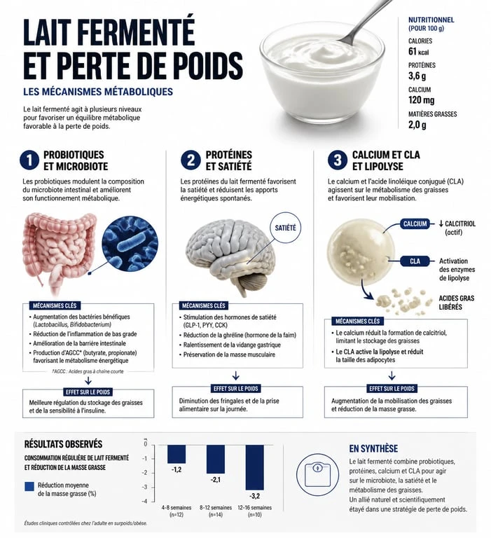 Infographie sur les bienfaits du lait fermenté et la perte de poids : mécanismes des probiotiques, satiété et métabolisme.