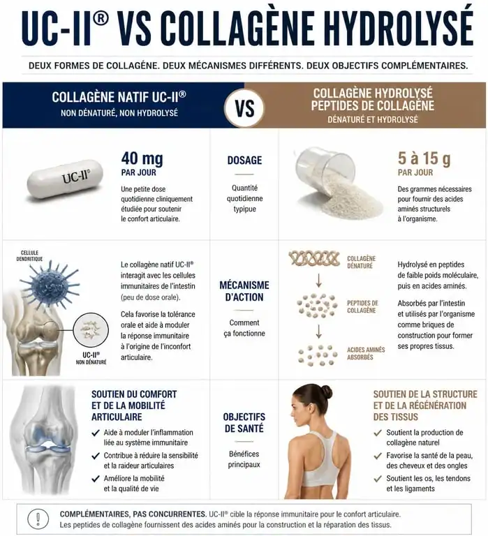 Infographie comparative collagène type 2 natif UC-II et peptides hydrolysés pour le meilleur collagène type 2