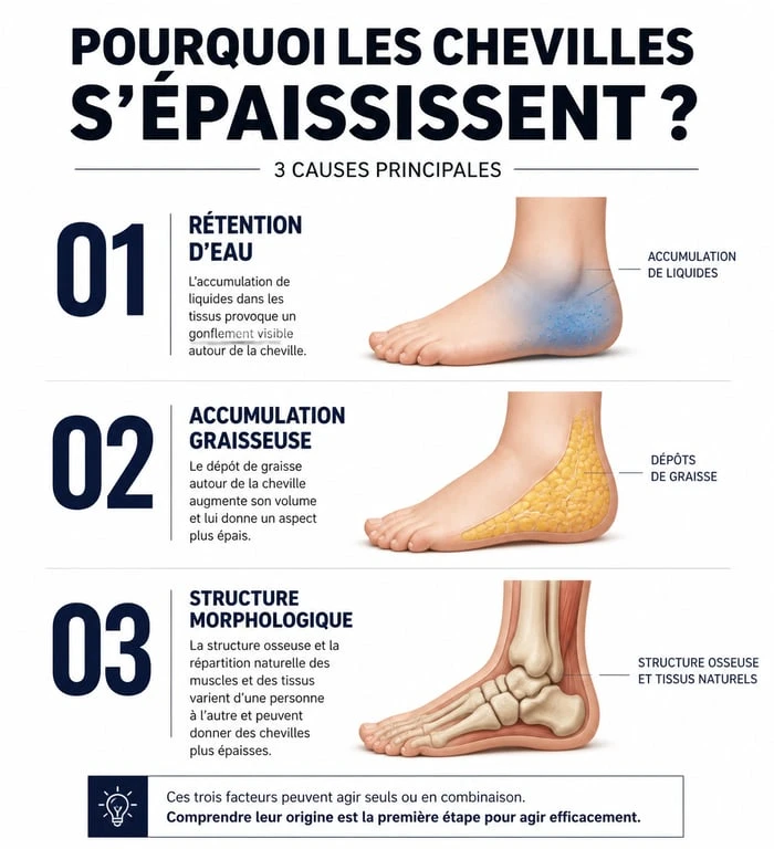 Infographie explicative sur les causes des chevilles épaisses et comment affiner ses chevilles