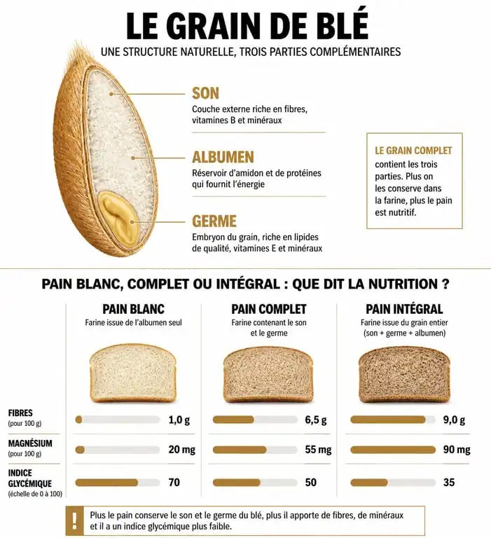 Infographie comparative des bienfaits nutritionnels du pain complet par rapport au pain blanc
