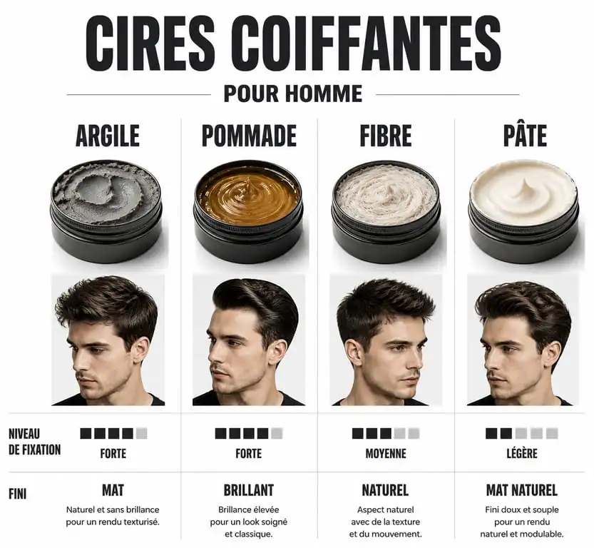 Infographie comparative des meilleures cires cheveux homme : argile, pommade, fibre et pâte