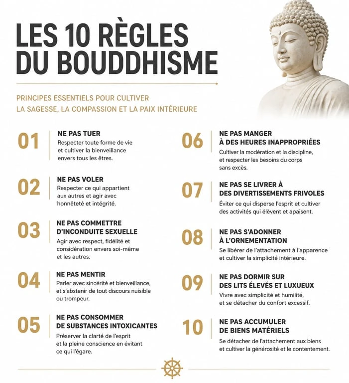 Infographie synthétique des 10 règles du bouddhisme et des préceptes fondamentaux