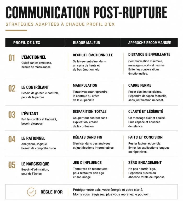 Infographie sur la stratégie pour annoncer une nouvelle relation à son ex selon son profil