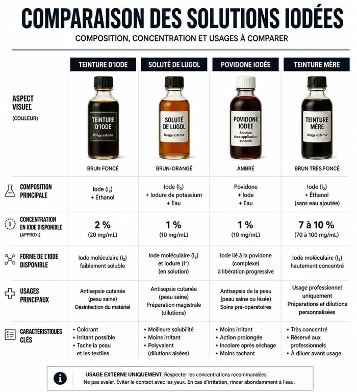 Comparatif des différentes solutions iodées : teinture d'iode, Lugol, povidone iodée et teinture mère pour comprendre leurs usages et compositions.