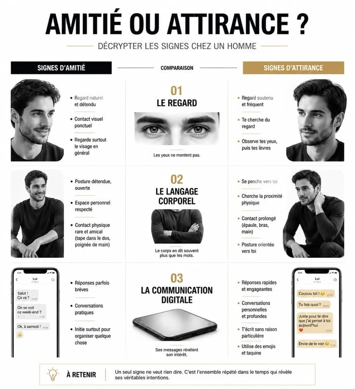 Infographie comparant les 7 signes évidents que tu plais à un homme pour distinguer l'amitié de l'attirance amoureuse.