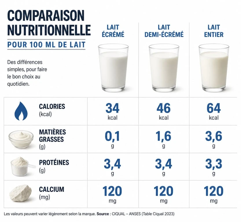Infographie comparative des valeurs nutritionnelles : différence lait écrémé et demi-écrémé