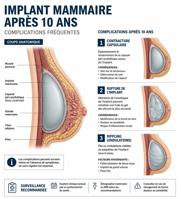 Infographie médicale illustrant les complications possibles des prothèses mammaires après 10 ans, incluant la contracture capsulaire et la rupture.