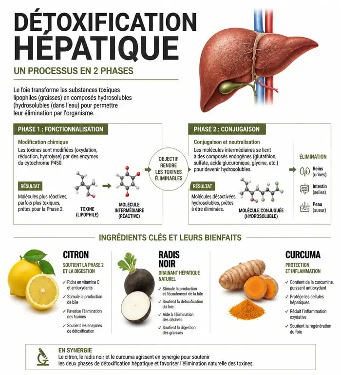 Infographie sur les bienfaits des jus détox pour le foie et le processus de détoxification hépatique