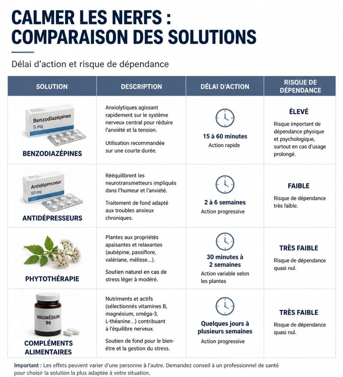 Infographie comparative des médicaments et solutions naturelles pour calmer les nerfs