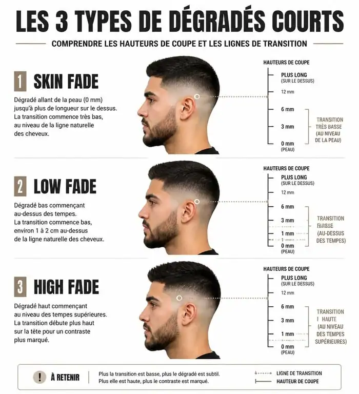 Comparatif visuel des styles de dégradé court : Skin Fade, Low Fade et High Fade.
