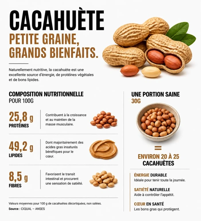 Infographie sur les bienfaits nutritionnels et la portion idéale de cacahuètes pour ne pas grossir