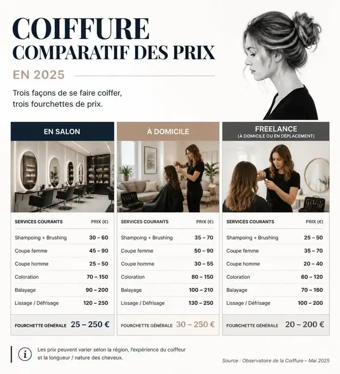 Graphique comparatif des tarifs de coiffure 2025 : salon, domicile et freelance