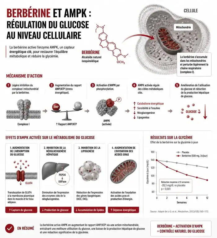 Schéma explicatif du mécanisme d'action de la berbérine pour la perte de poids et la régulation métabolique