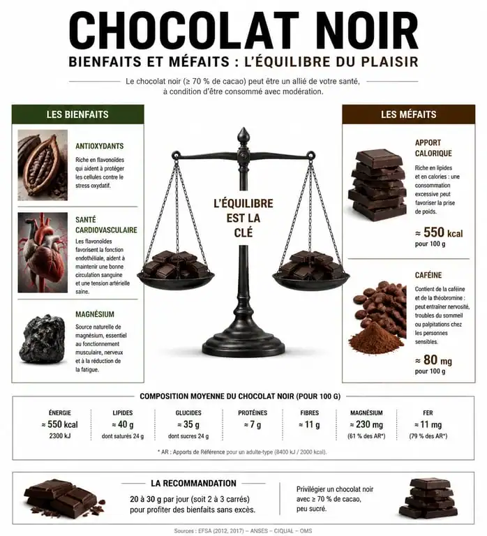 Infographie sur les bienfaits et méfaits du chocolat noir pour la santé