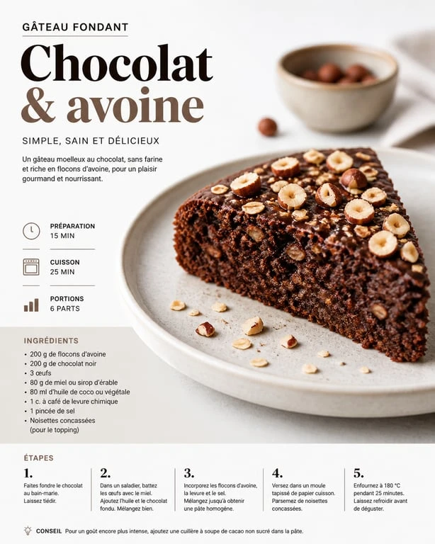 Gâteau au chocolat et flocons d'avoine healthy, une part gourmande et saine sur une assiette.