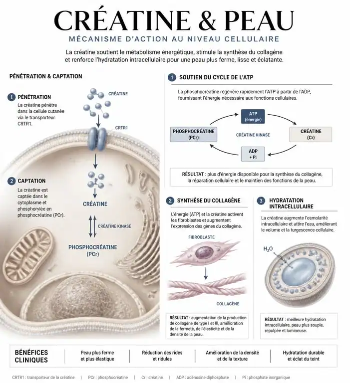 Infographie montrant les effets de la créatine sur la peau et la synthèse de collagène