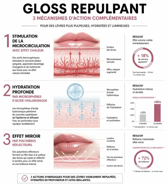 Schéma explicatif des mécanismes d'action du meilleur gloss repulpant pour des lèvres volumineuses