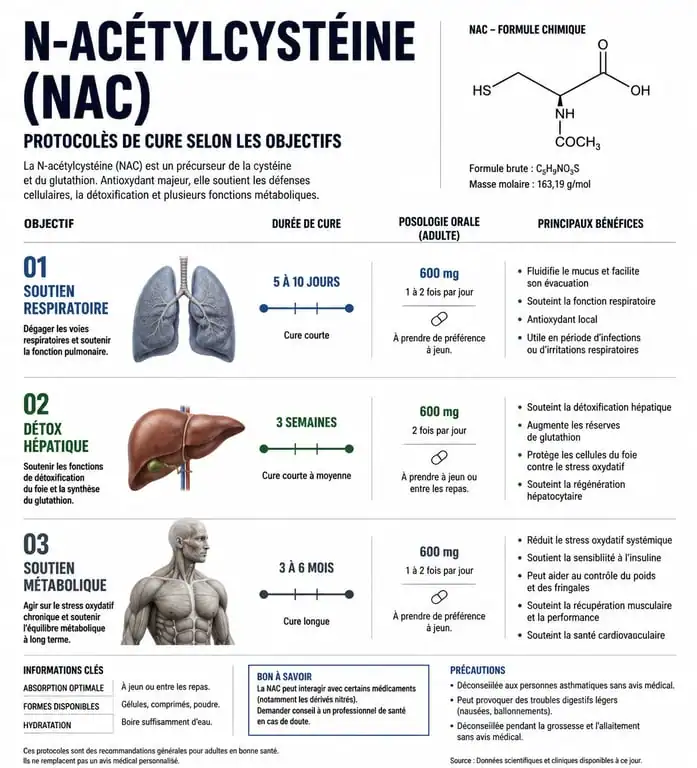 Infographie des durées de cure de NAC selon les objectifs de santé : soutien respiratoire, détox hépatique et métabolisme.