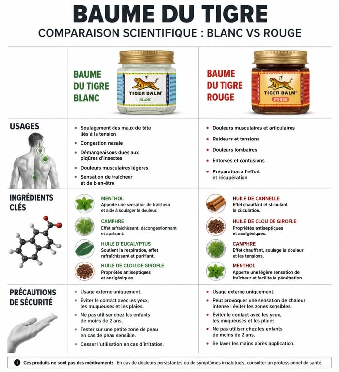 Infographie comparative baume du tigre blanc et rouge pour le nez bouché et les douleurs musculaires