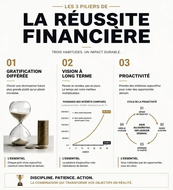 Infographie illustrant les 3 signes que vous allez devenir riche un jour et les comportements proactifs associés