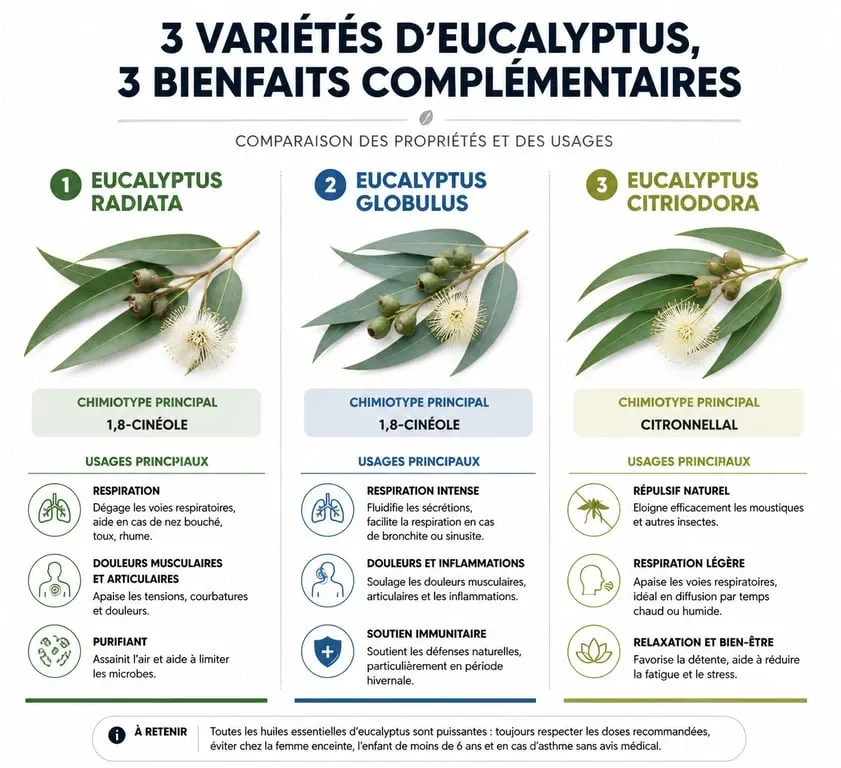 Infographie comparative des huiles essentielles d'eucalyptus : radiata, globulus et citriodora pour une utilisation sécurisée