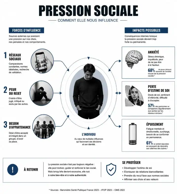 Infographie sur les mécanismes et les impacts de la pression sociale sur l'individu