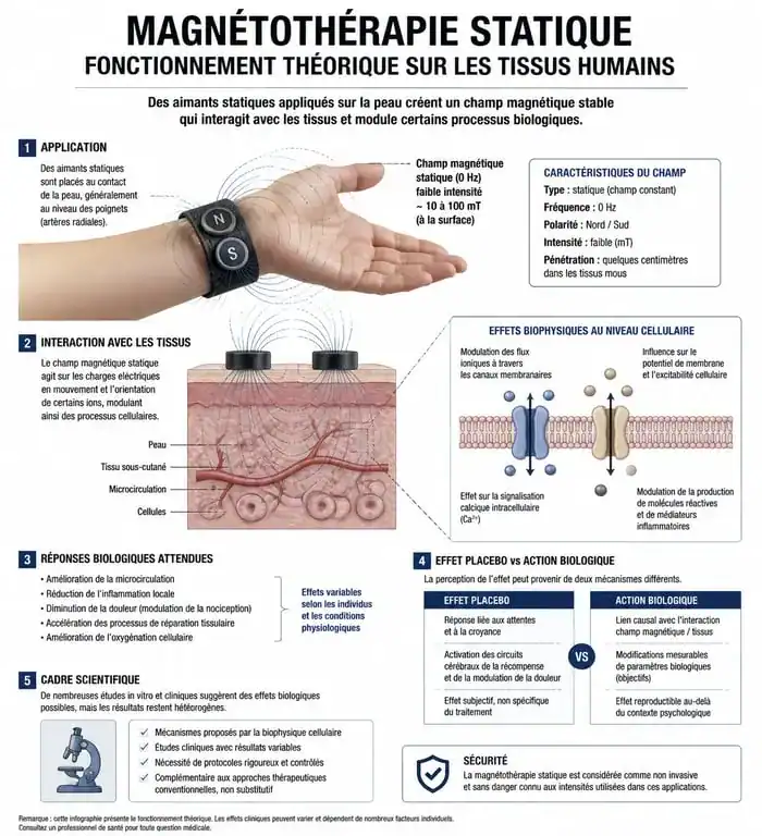 Infographie sur le fonctionnement médical des bracelets magnétiques et la magnétothérapie