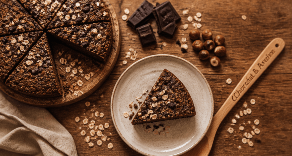 gateau chocolat flocon d'avoine healthy tranché sur table rustique