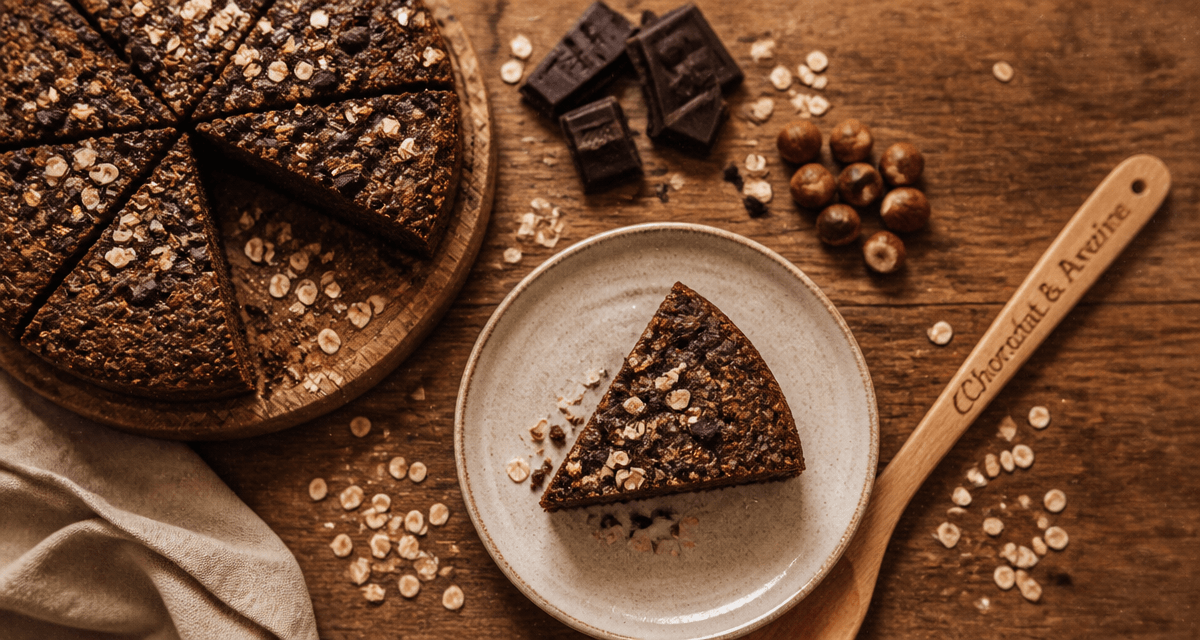 gateau chocolat flocon d'avoine healthy tranché sur table rustique