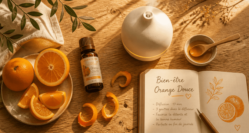 huile essentielle orange douce comment l'utiliser sur table avec diffuseur et agrumes