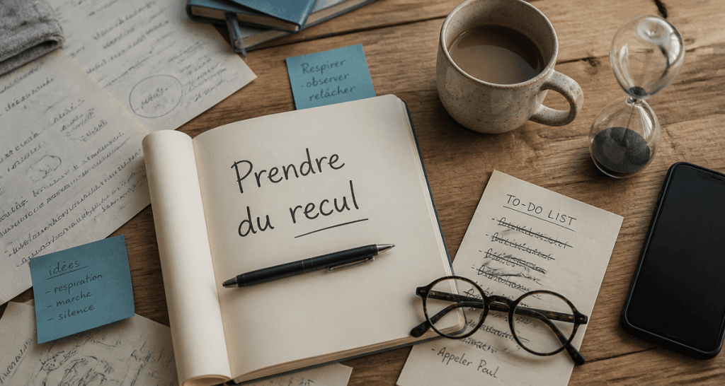 Prendre du recul, bureau avec carnet, café, to-do list