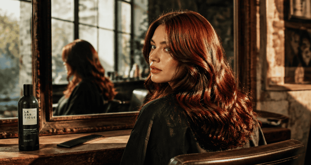 Femme brune reflets rouge cheveux devant miroir