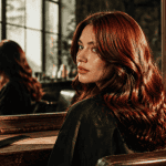 Femme brune reflets rouge cheveux devant miroir