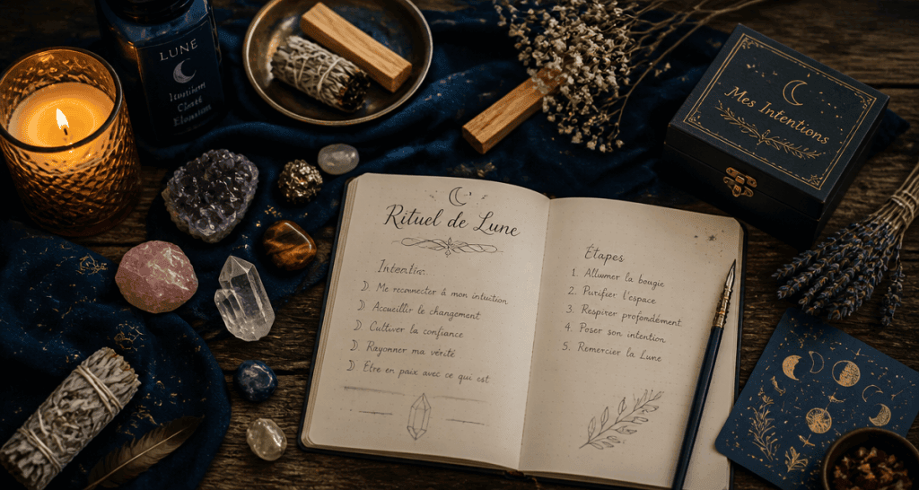 rituel de lune avec bougie et pierres naturelles