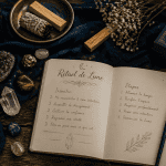 rituel de lune avec bougie et pierres naturelles